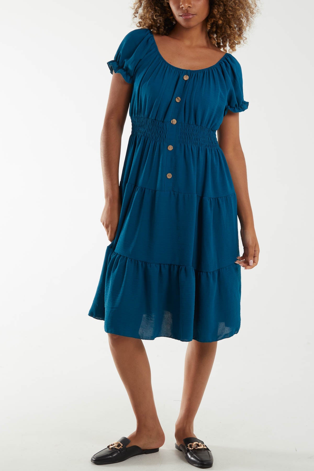 Bardot Shirred Bodice Tiered Dress Dresses WearAll Teal One Size