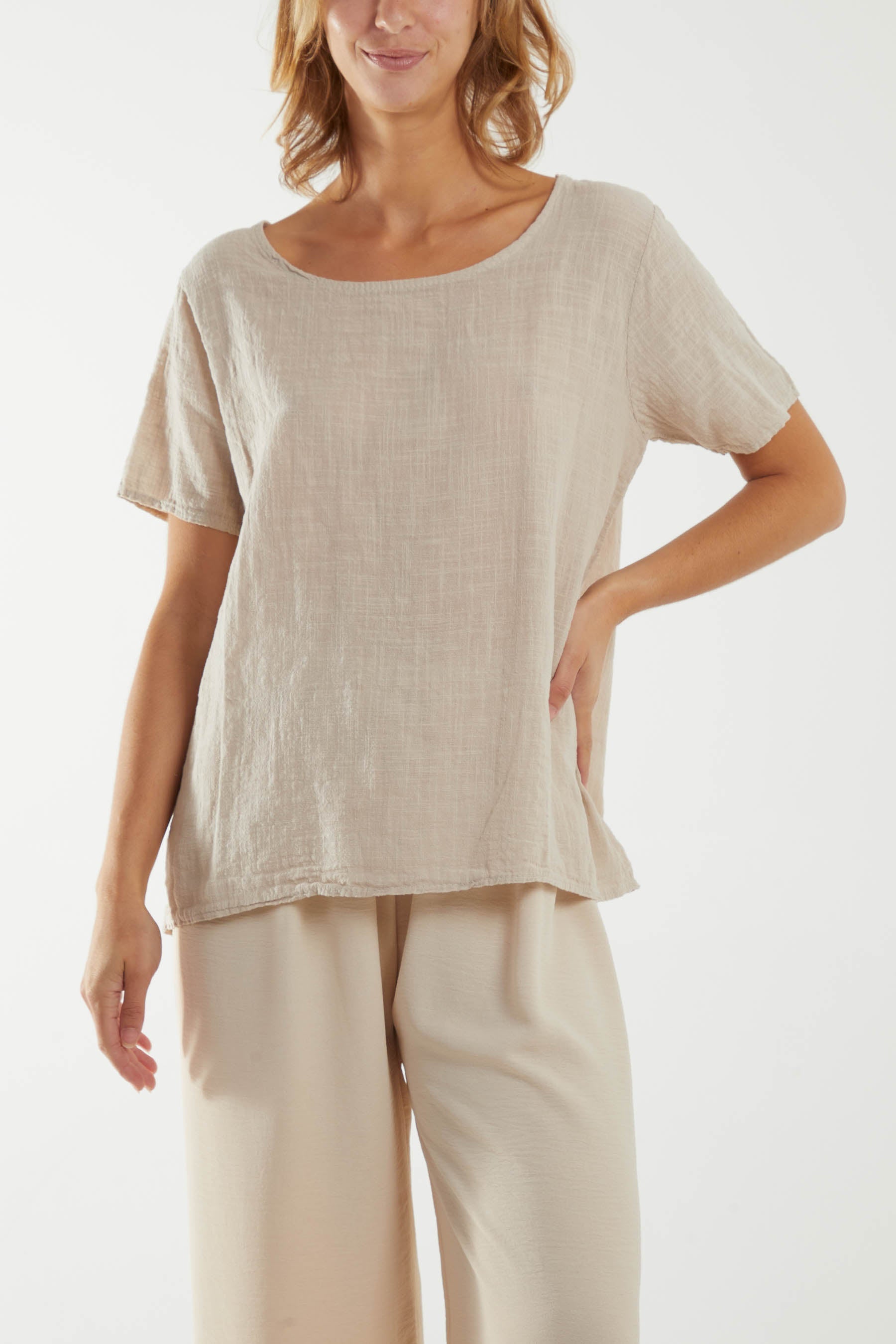 Round Neck Button Back Top Tops WearAll Stone One Size