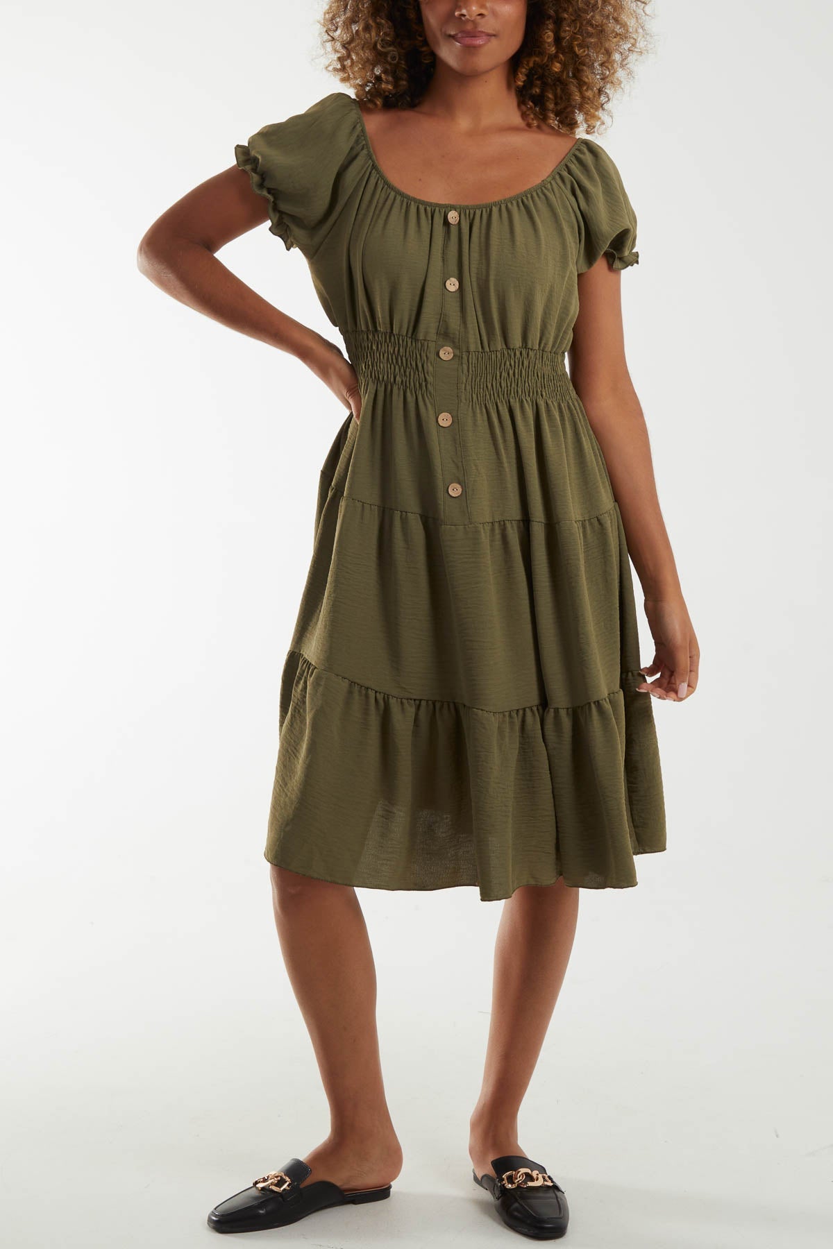 Bardot Shirred Bodice Tiered Dress Dresses WearAll Khaki One Size