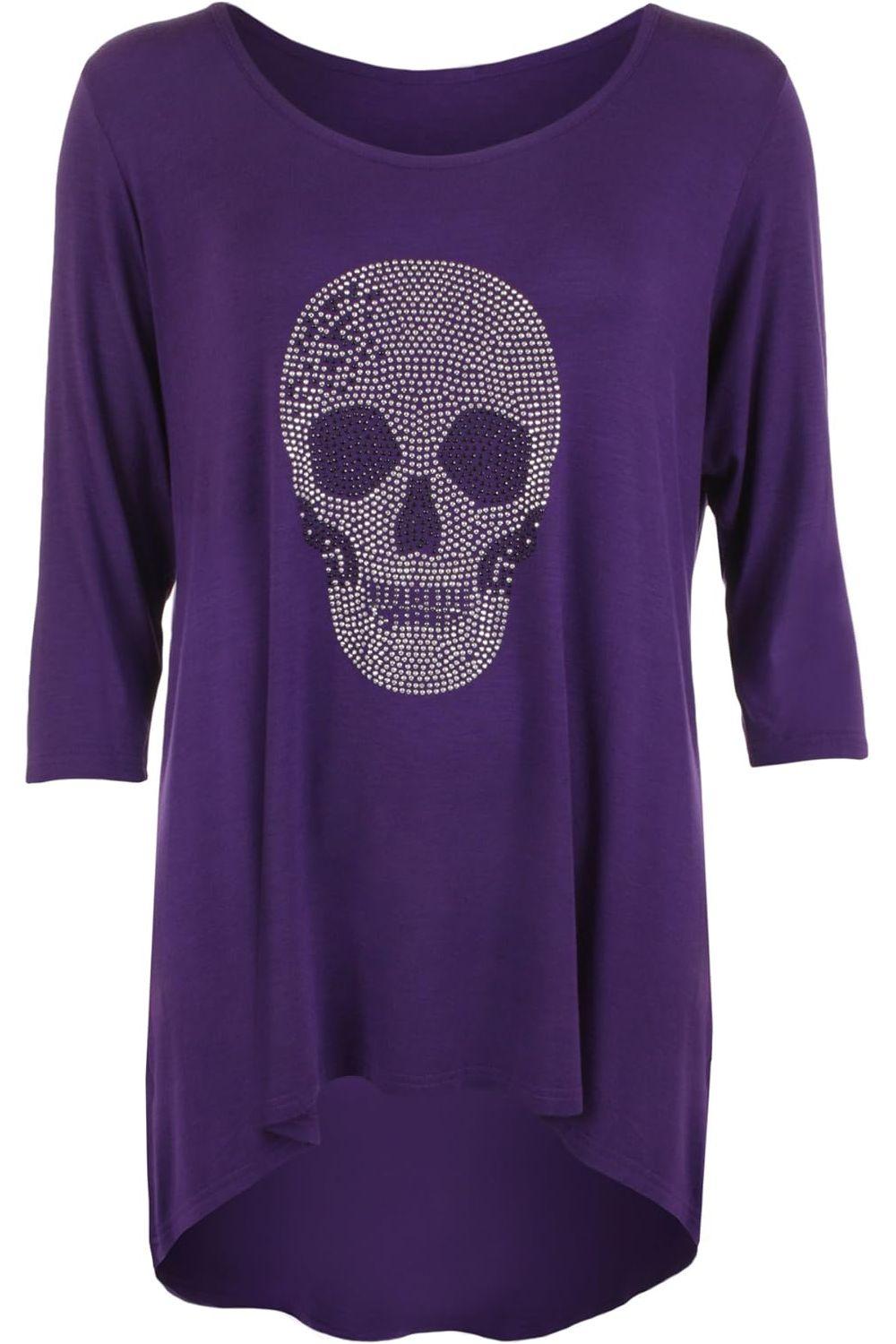 Skull Tail Back Dip Hem Scoop Top Tops WearAll Purple Silver 14