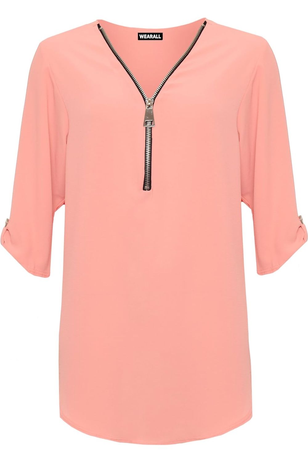 Curved Hem Crepe Top 3/4 Sleeve Plain Tops WearAll