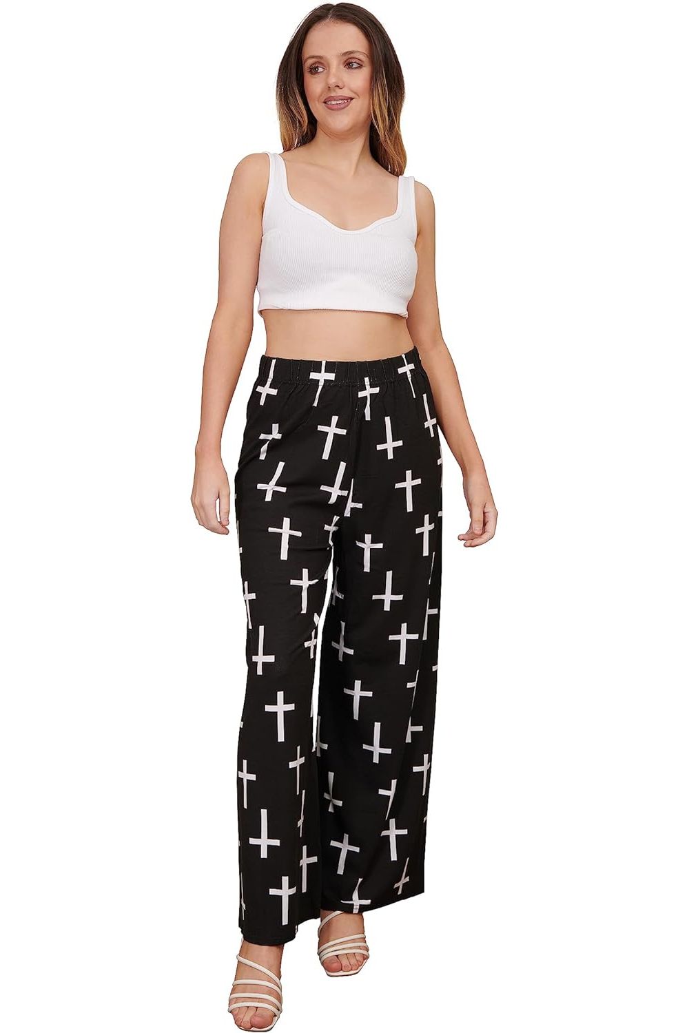 Black Cross Print Palazzo Trouser Palazzo WearAll Black Cross 8-10