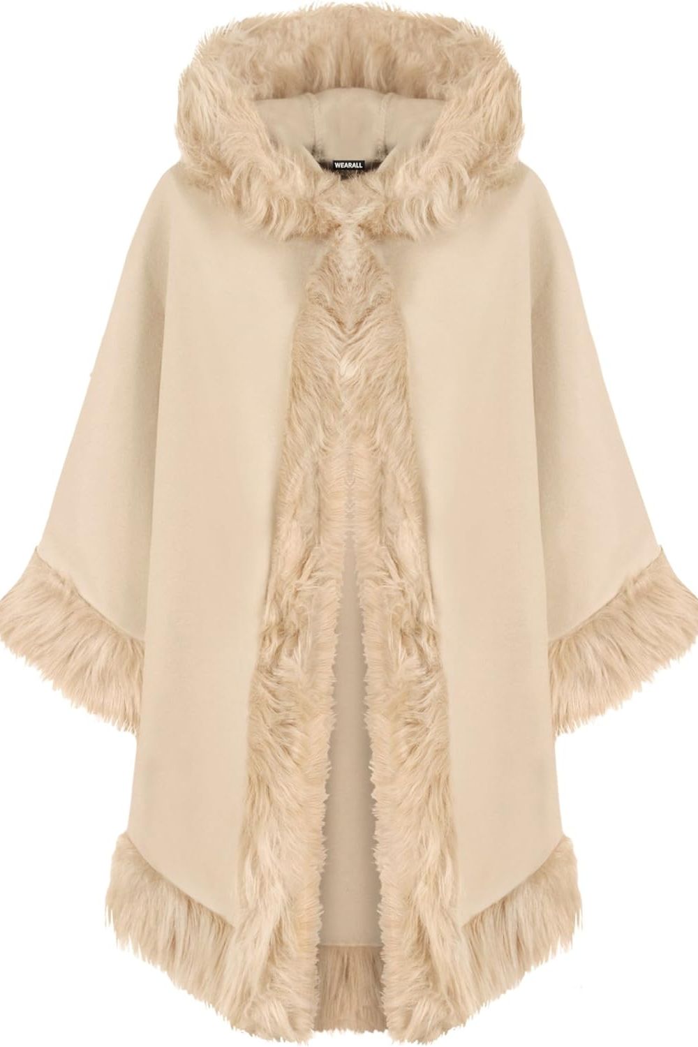 Faux Fur Trim Hood Cape Tops WearAll Beige One Size