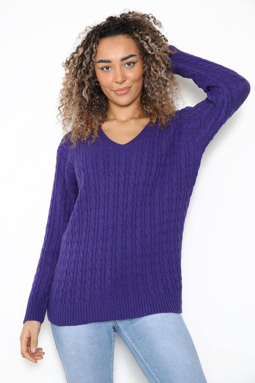 Cable Knitted V-Neck Sweater Top Tops WearAll Purple 12-14