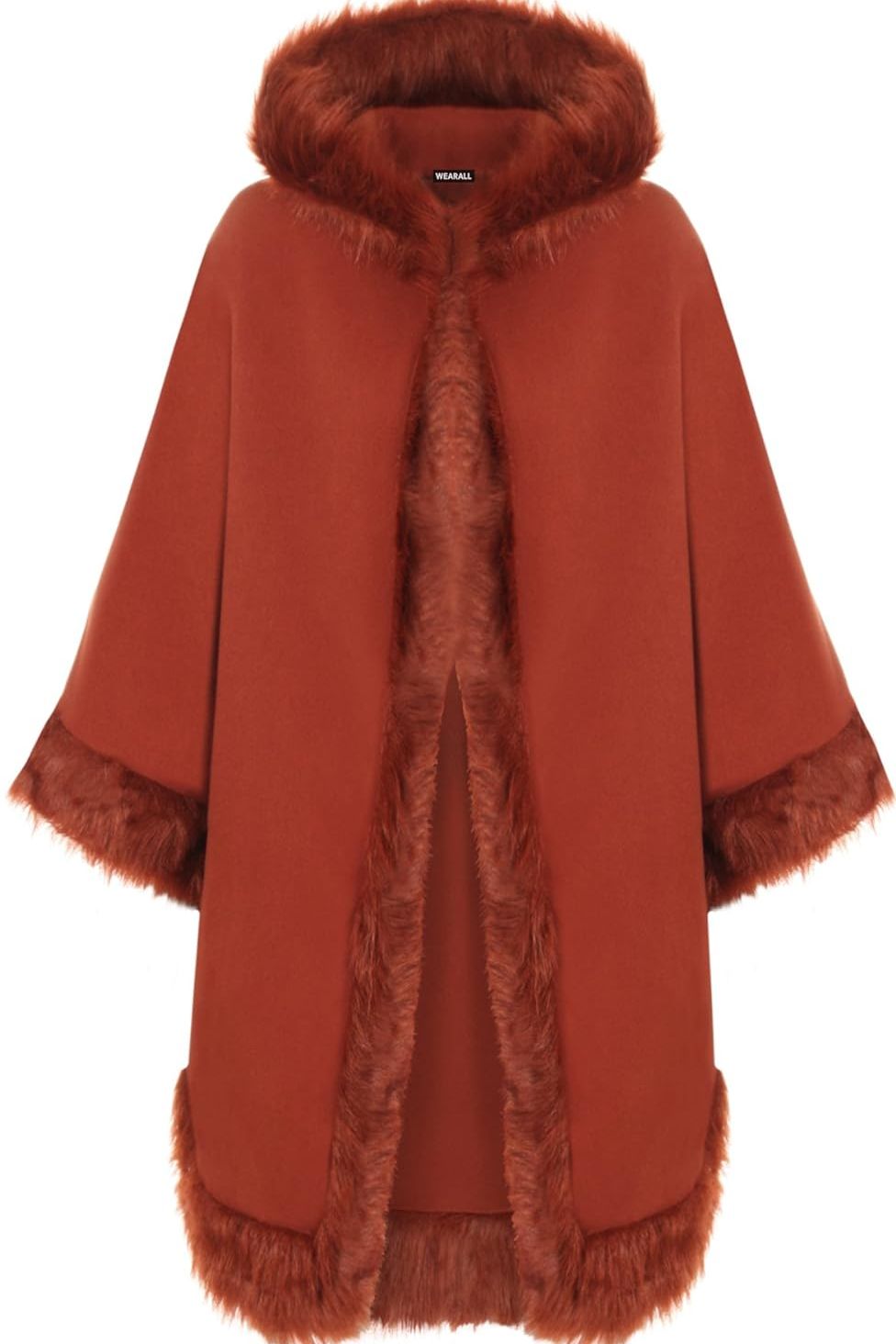 Faux Fur Trim Hood Cape Tops WearAll Rust One Size