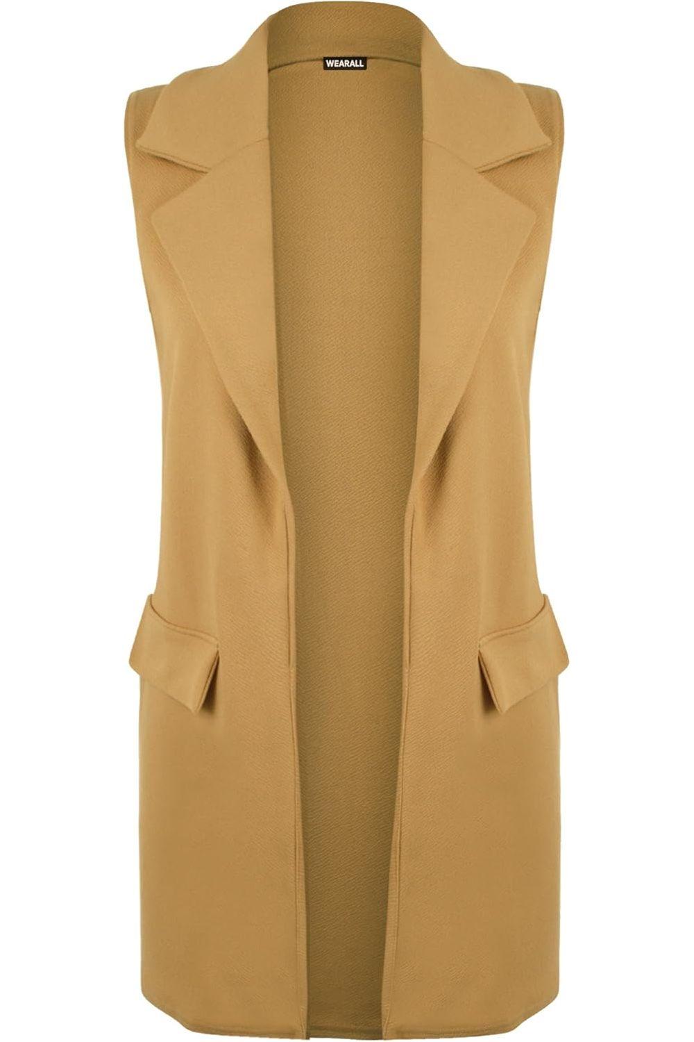 Plus Size Crepe Open Long Waistcoat Pocket Top cardigan WearAll Camel 16
