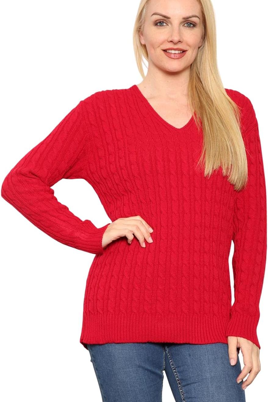 Cable Knitted V-Neck Sweater Top Tops WearAll Red 12-14