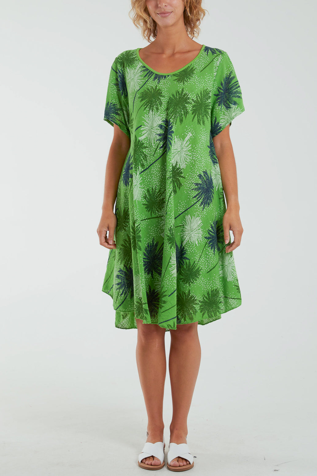 Palm Tree Short Sleeve Midi Dress Dresses WearAll Apple Green One Size