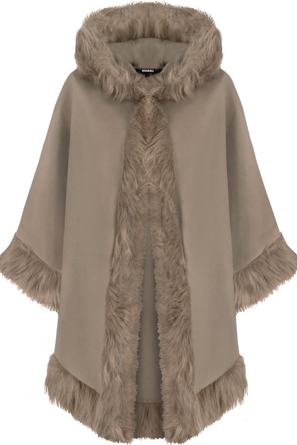 Faux Fur Trim Hood Cape Tops WearAll Mocha One Size