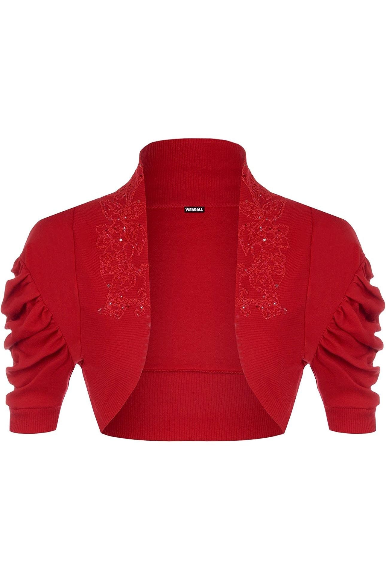 Puff Sleeve Beaded Shrug Tops WearAll Red 8-10
