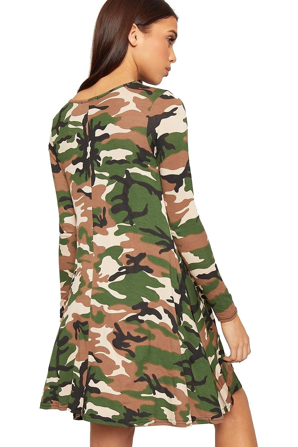 Plus Size Army Print Long Sleeve Swing Dress Top Dress WearAll
