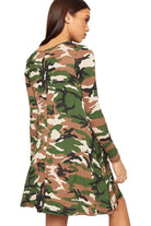 Plus Size Army Print Long Sleeve Swing Dress Top Dress WearAll