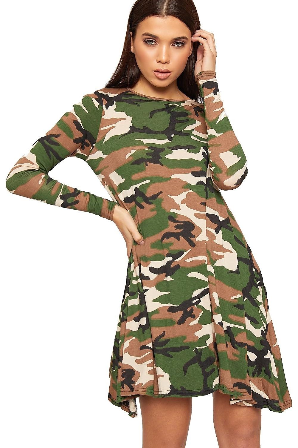 Plus Size Army Print Long Sleeve Swing Dress Top Dress WearAll Army 16-18