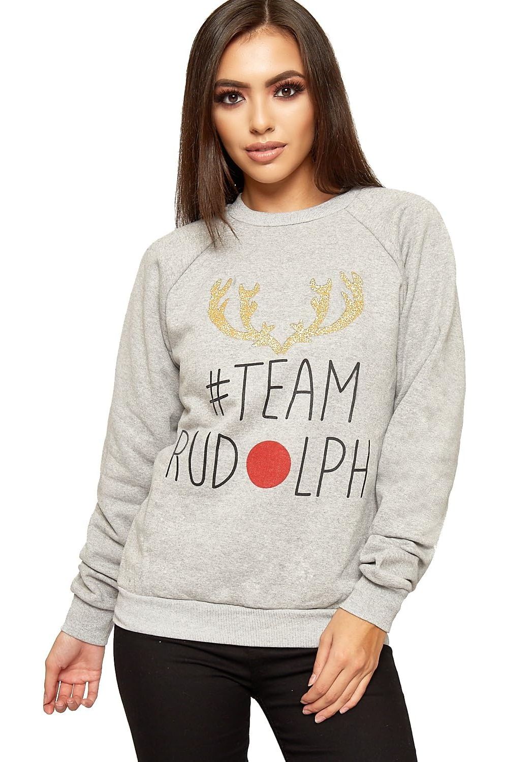 Slogan Hashtag Reindeer Sweatshirt Tops WearAll Light Grey 8-10