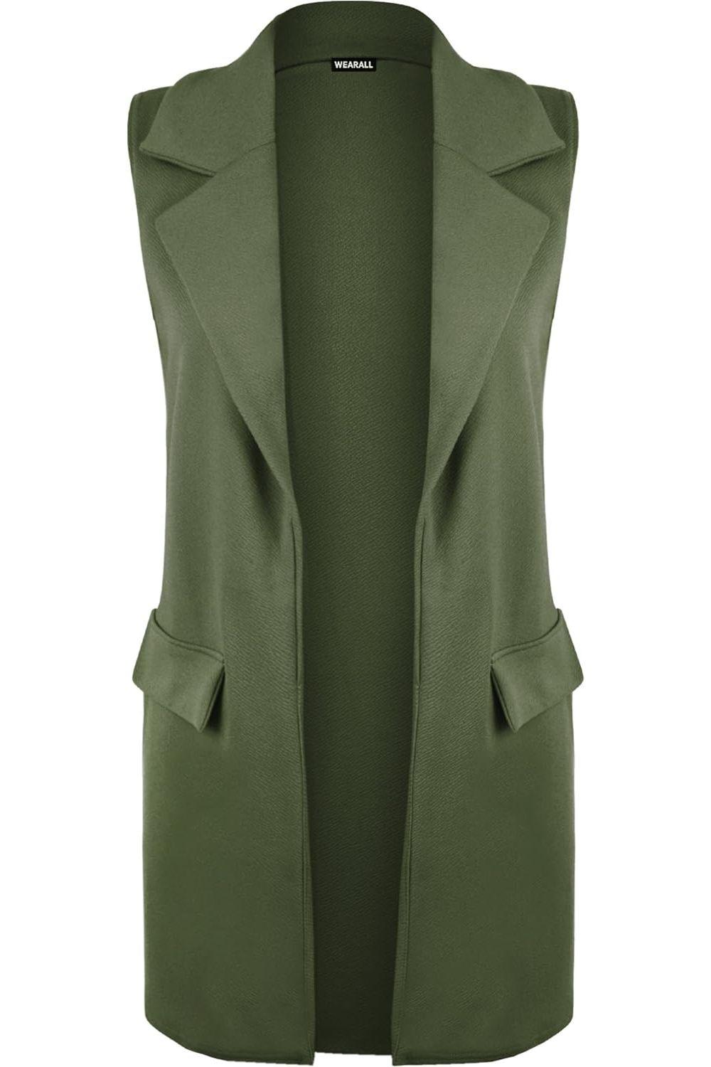 Plus Size Crepe Open Long Waistcoat Pocket Top