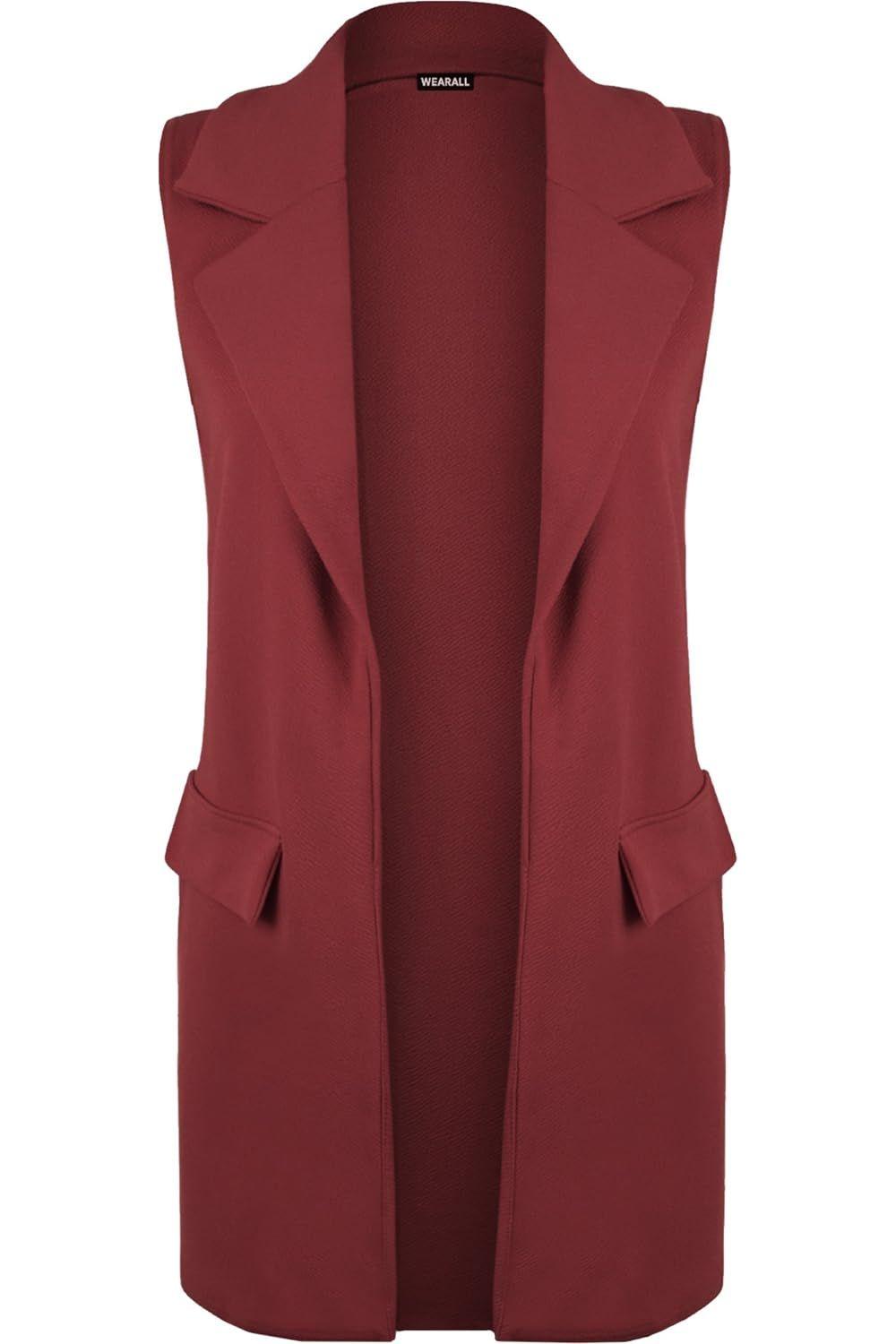 Plus Size Crepe Open Long Waistcoat Pocket Top cardigan WearAll Wine 16