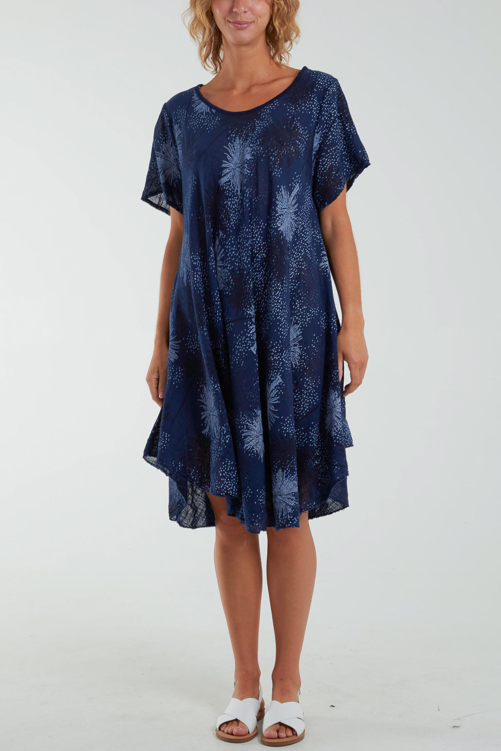 Palm Tree Short Sleeve Midi Dress Dresses WearAll Navy One Size