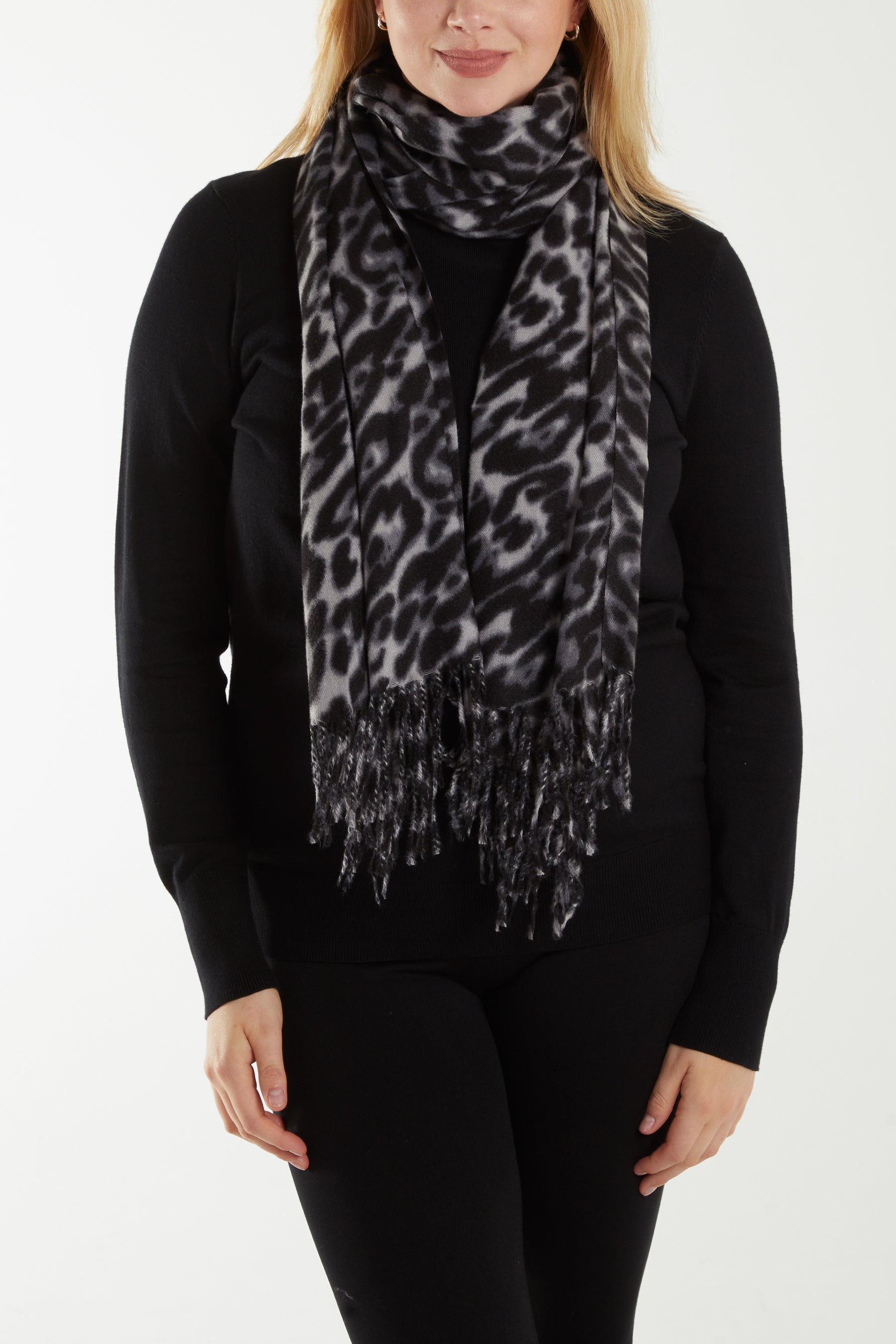 Leopard Print Soft Touch Scarf Scarfs WearAll Grey One Size