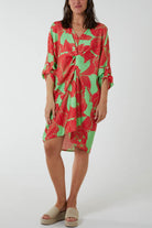 Floral Twisted Front Midi Dress Dress WearAll Lime Green One Size
