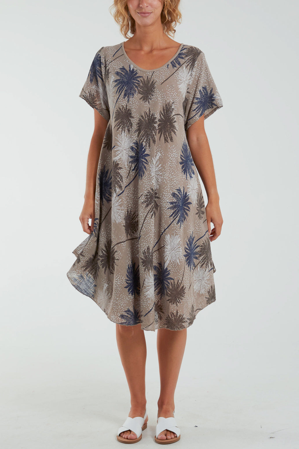 Palm Tree Short Sleeve Midi Dress Dresses WearAll Mocha One Size