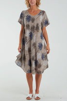Palm Tree Short Sleeve Midi Dress Dresses WearAll Mocha One Size