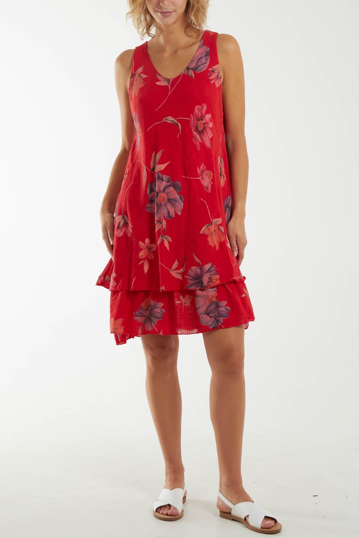 Floral Double Layer Sleeveless Dress Dresses WearAll Red One Size