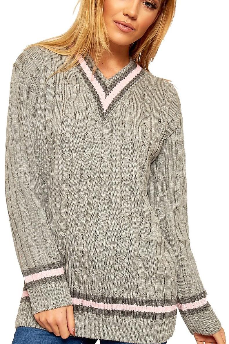 Cable Knitted Cricket Stripe Jumper Jumper WearAll Grey 16-18