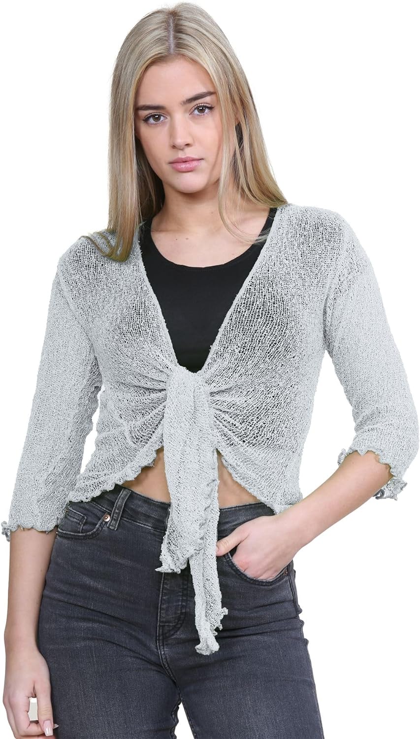 Tie Up Knitted Cropped Bolero Shrug Shrugs WearAll Light Grey One Size (8-14)