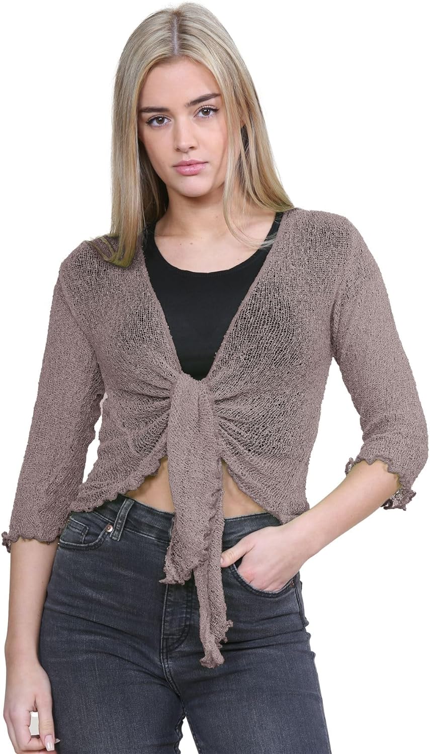 Tie Up Knitted Cropped Bolero Shrug Shrugs WearAll Mocha One Size (8-14)
