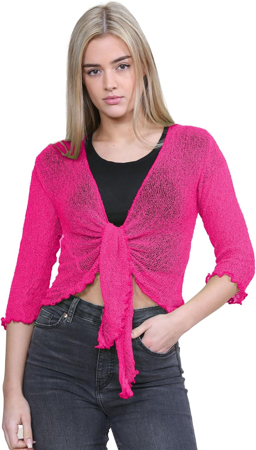 Tie Up Knitted Cropped Bolero Shrug Shrugs WearAll Fuchsia One Size (8-14)