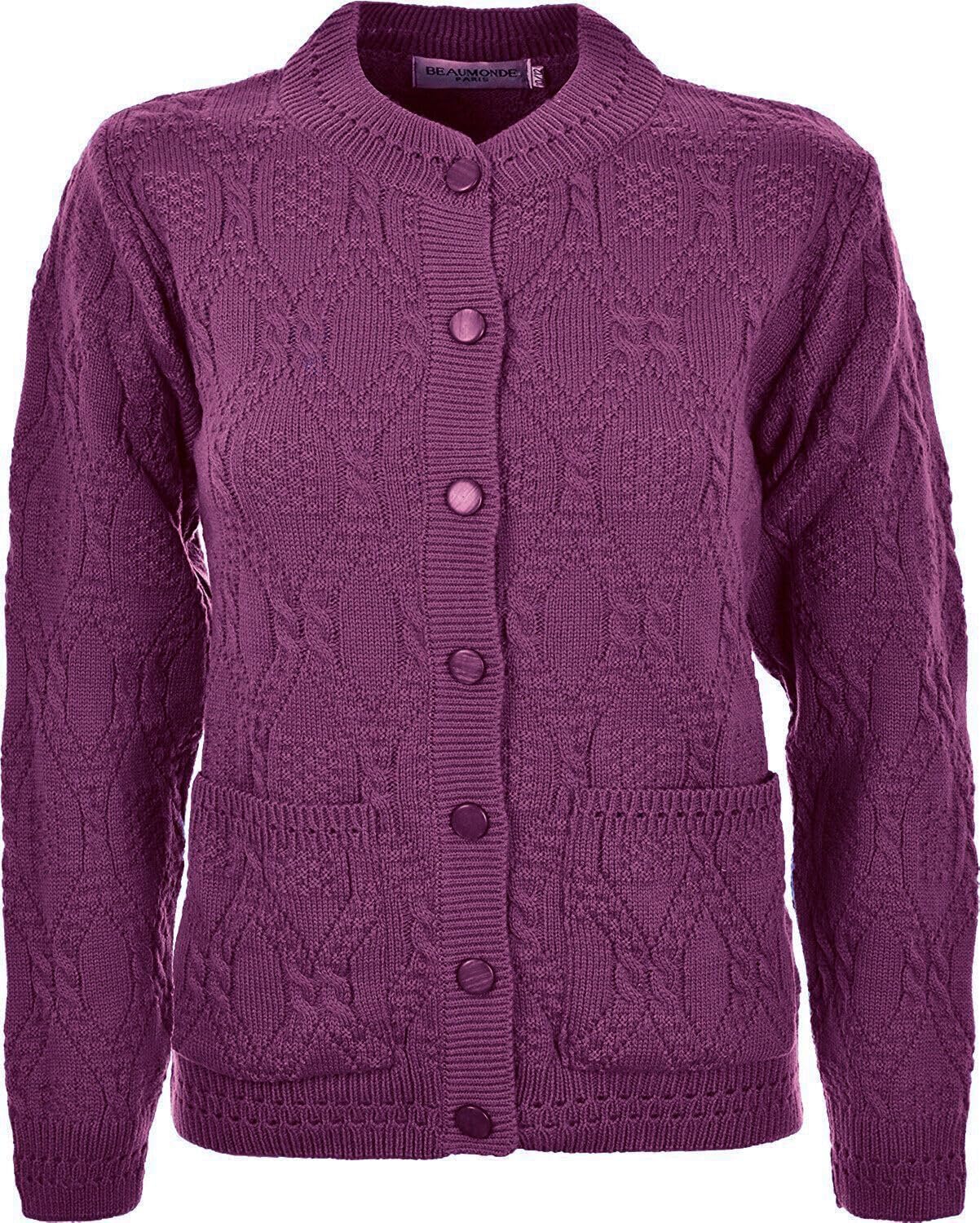 Knitted Crew Neck Pocket Front Button Cardigan Cardigans WearAll Fuschia 10-12