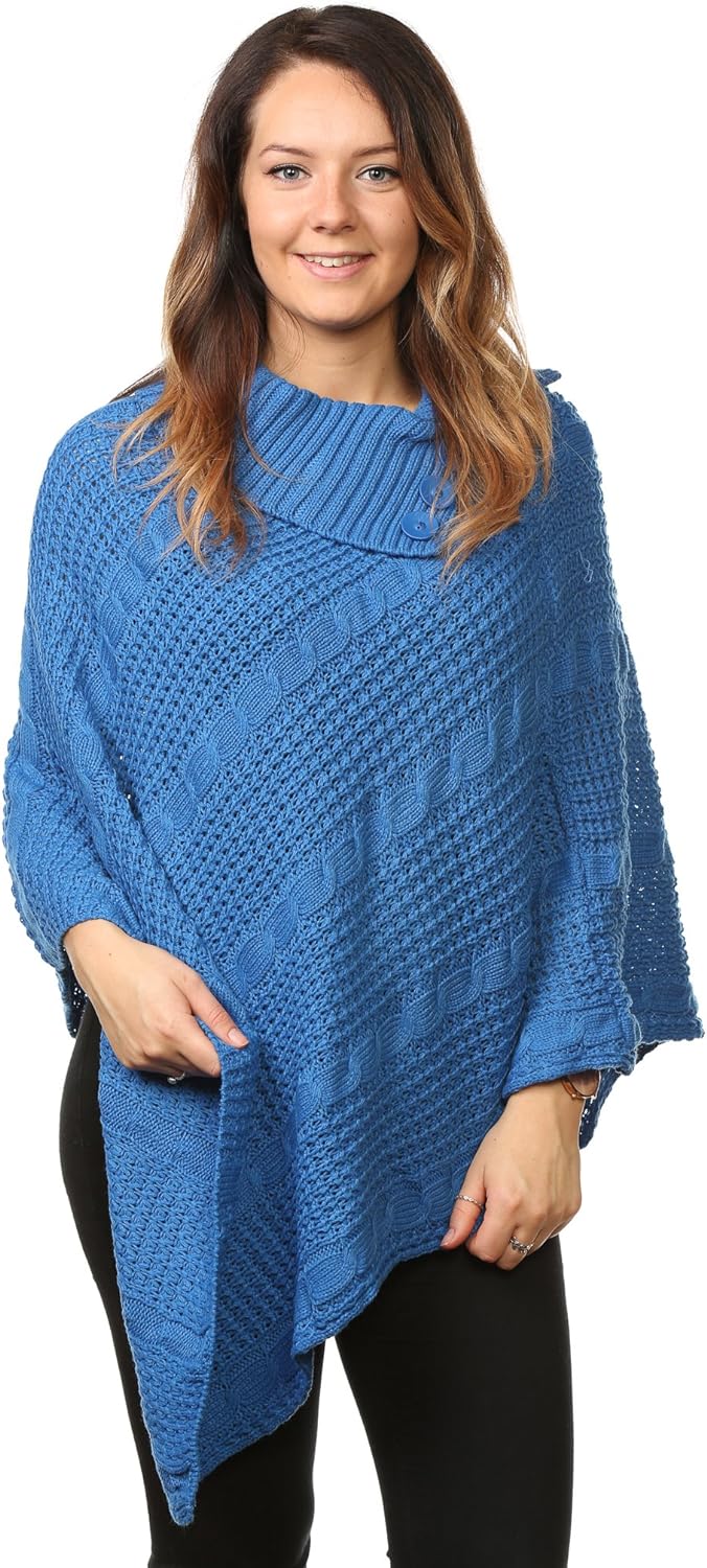Button Knitted Poncho Knitted Jumper WearAll Royal Blue One Size (8-16)