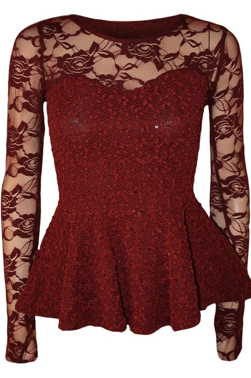 Peplum Popcorn Lace Sequin Top Tops WearAll Wine 8-10