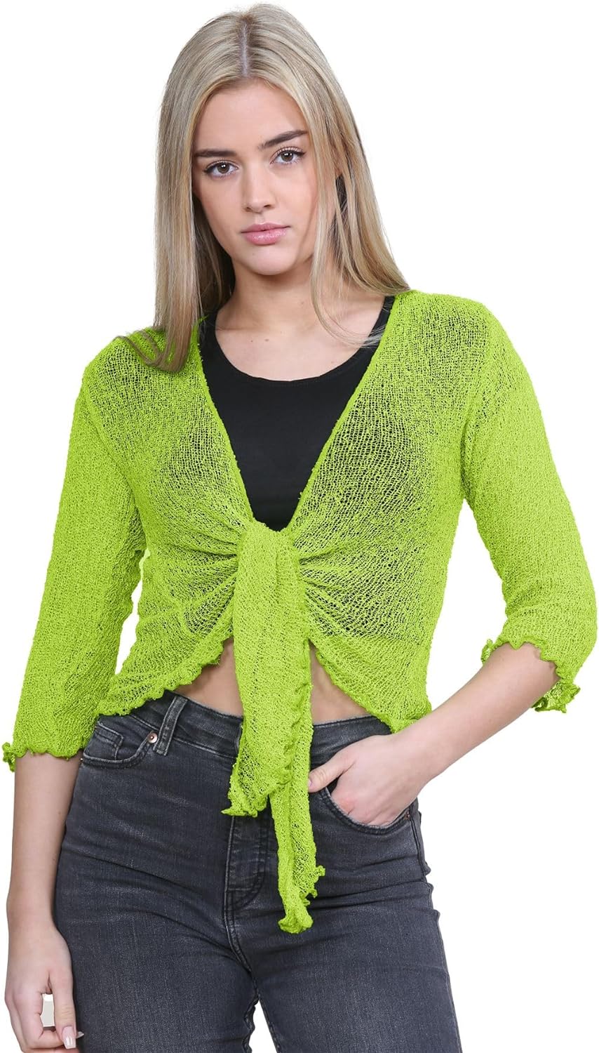 Tie Up Knitted Cropped Bolero Shrug Shrugs WearAll Lime Green One Size (8-14)