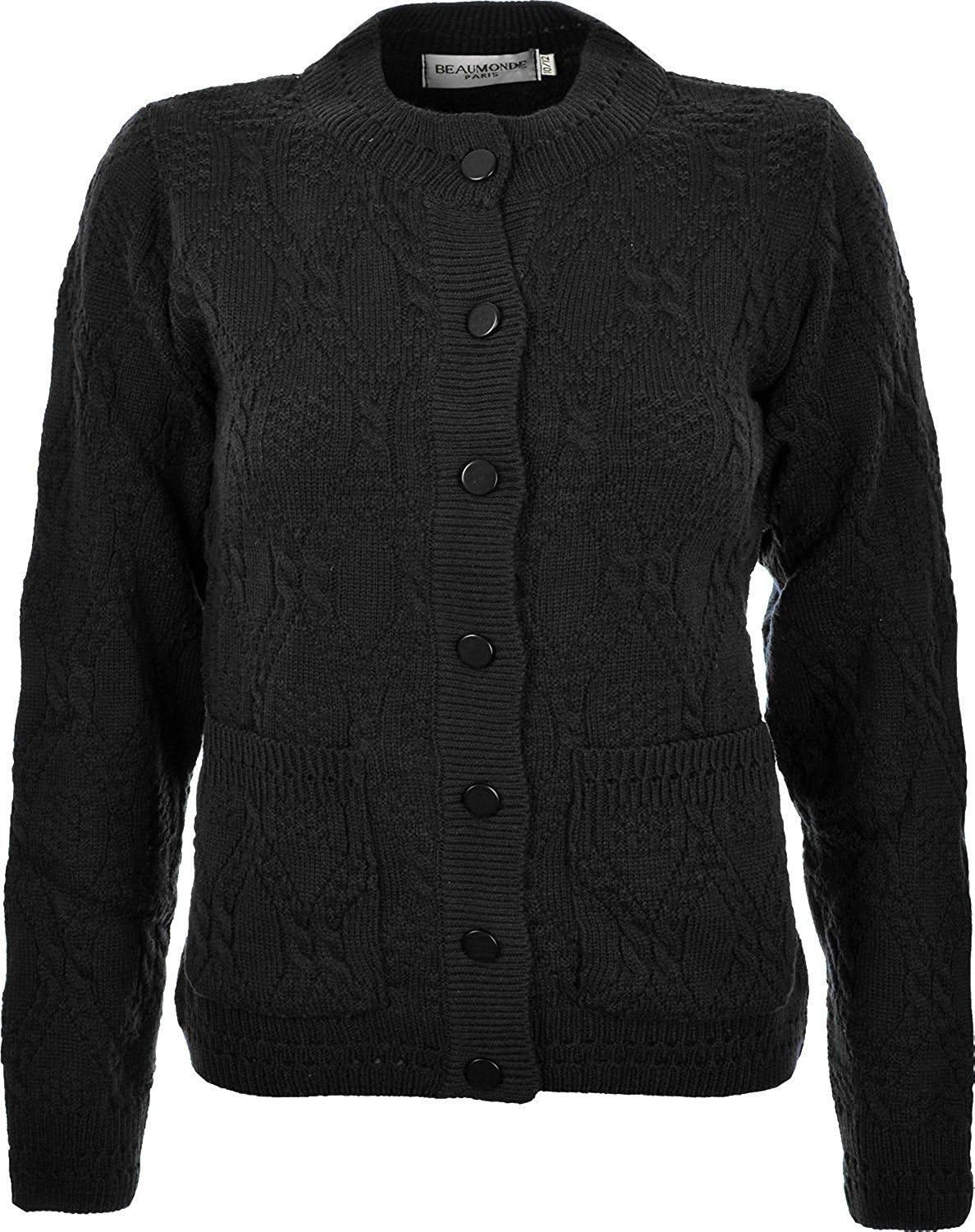 Knitted Crew Neck Pocket Front Button Cardigan Cardigans WearAll Black 10-12