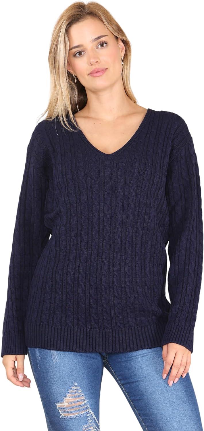 Cable Knitted V-Neck Sweater Top Tops WearAll Navy 12-14