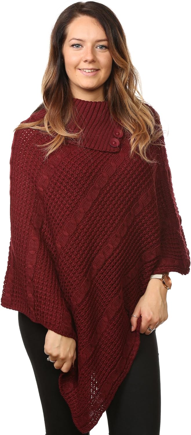 Button Knitted Poncho Knitted Jumper WearAll Wine One Size (8-16)