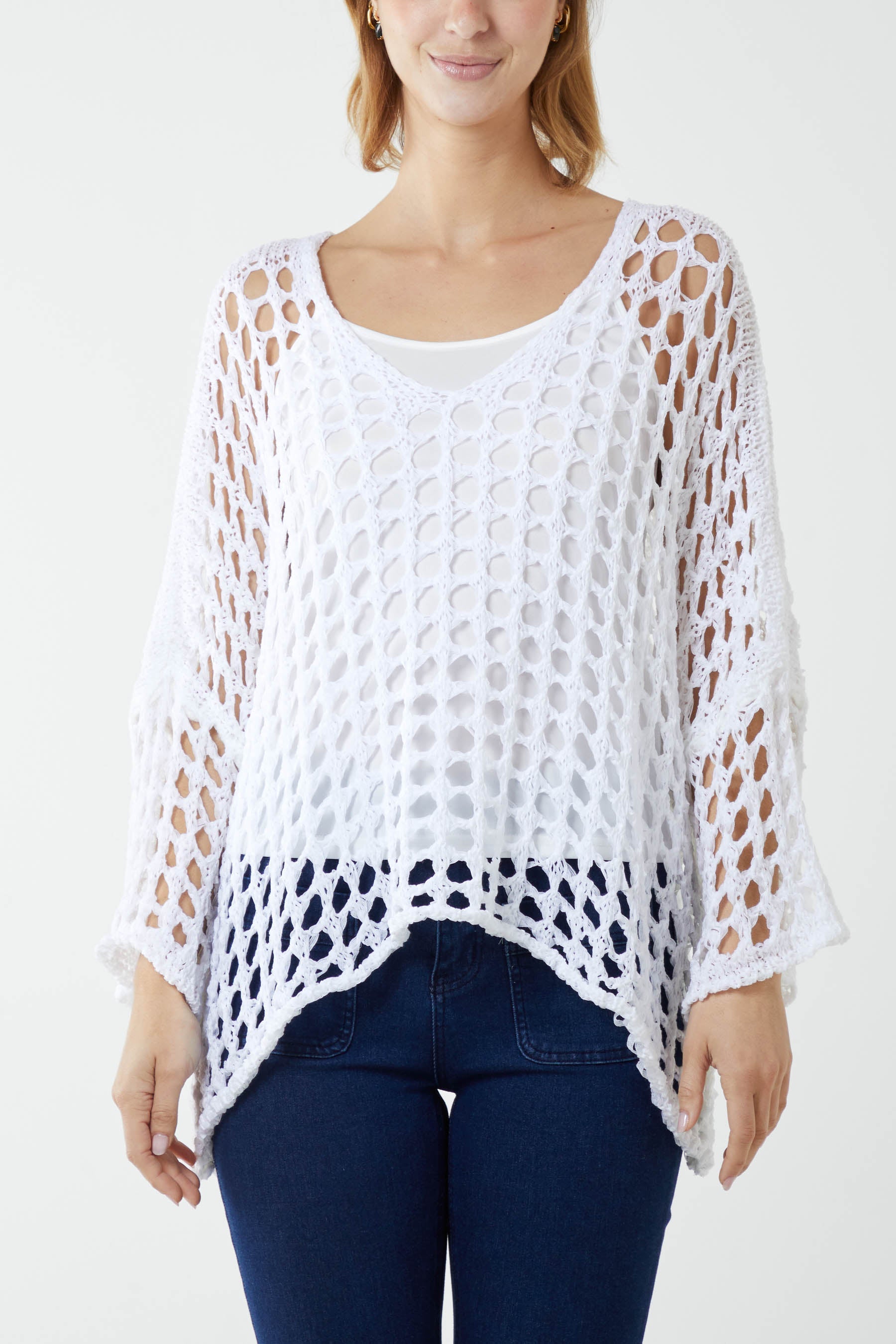 Crochet Round Neck Long Sleeve Top TOPMF2 WearAll White One Size