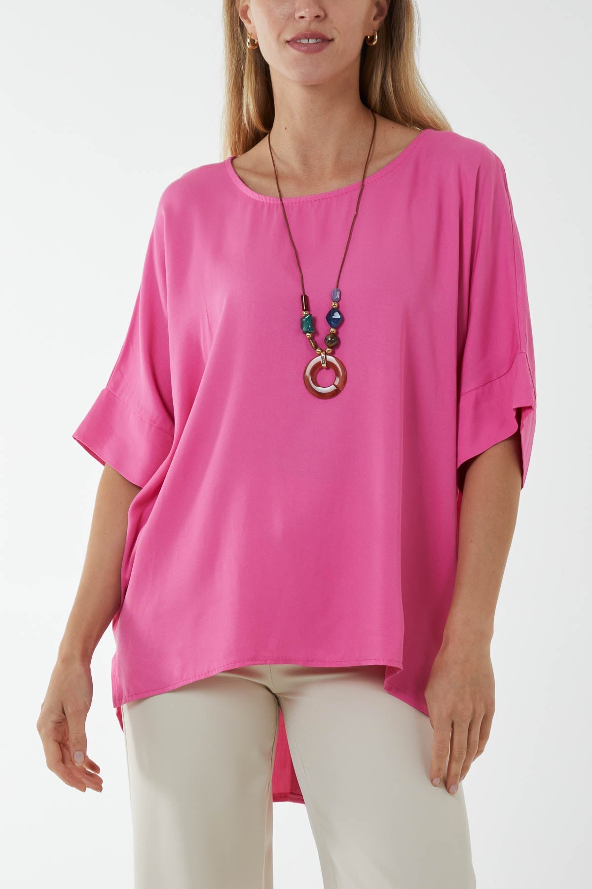 Button Back Asymmetric Necklace Top Tops WearAll Hot Pink One Size