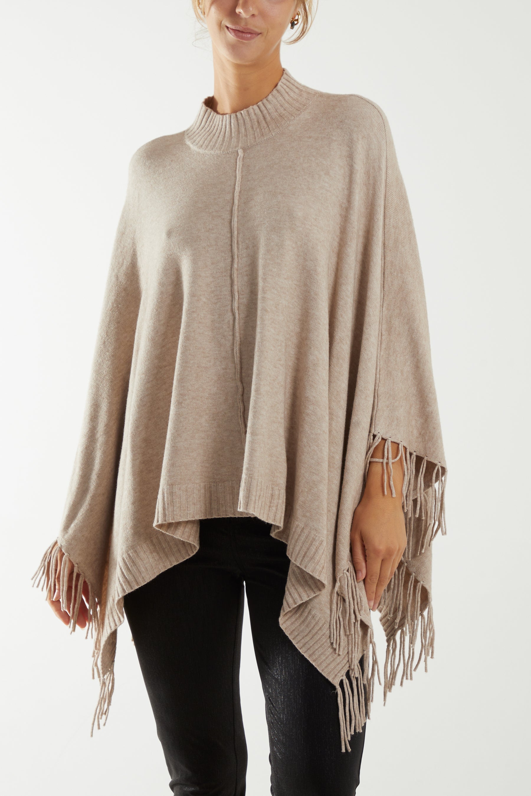Turtle Neck Fringed Poncho Ponchos WearAll Stone One Size
