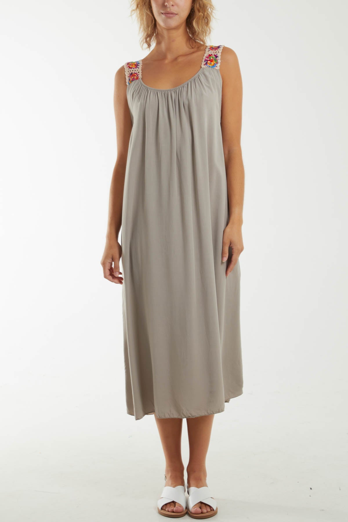 Crochet Sleeve Scoop Neck Midi Dress Dresses WearAll Mocha One Size