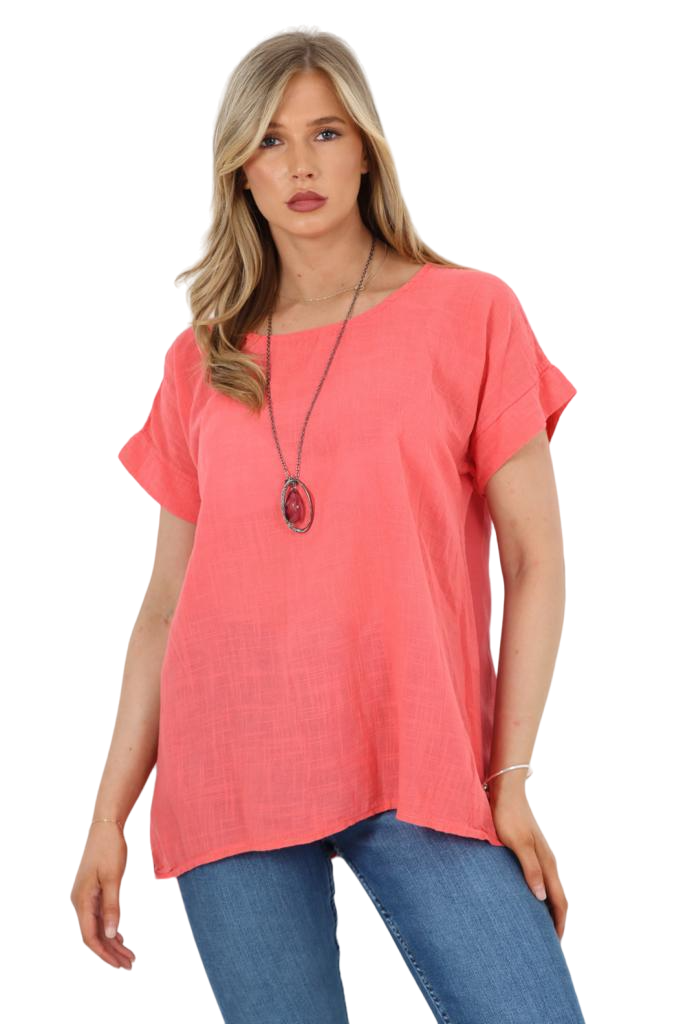 Italian Short Sleeve Necklace Top Tops WearAll Coral 8-10