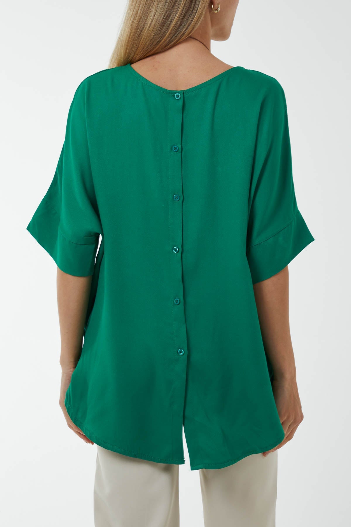 Button Back Asymmetric Necklace Top Tops WearAll