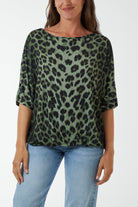 Short Sleeve Leopard Print Top T-shirts WearAll Khaki One Size