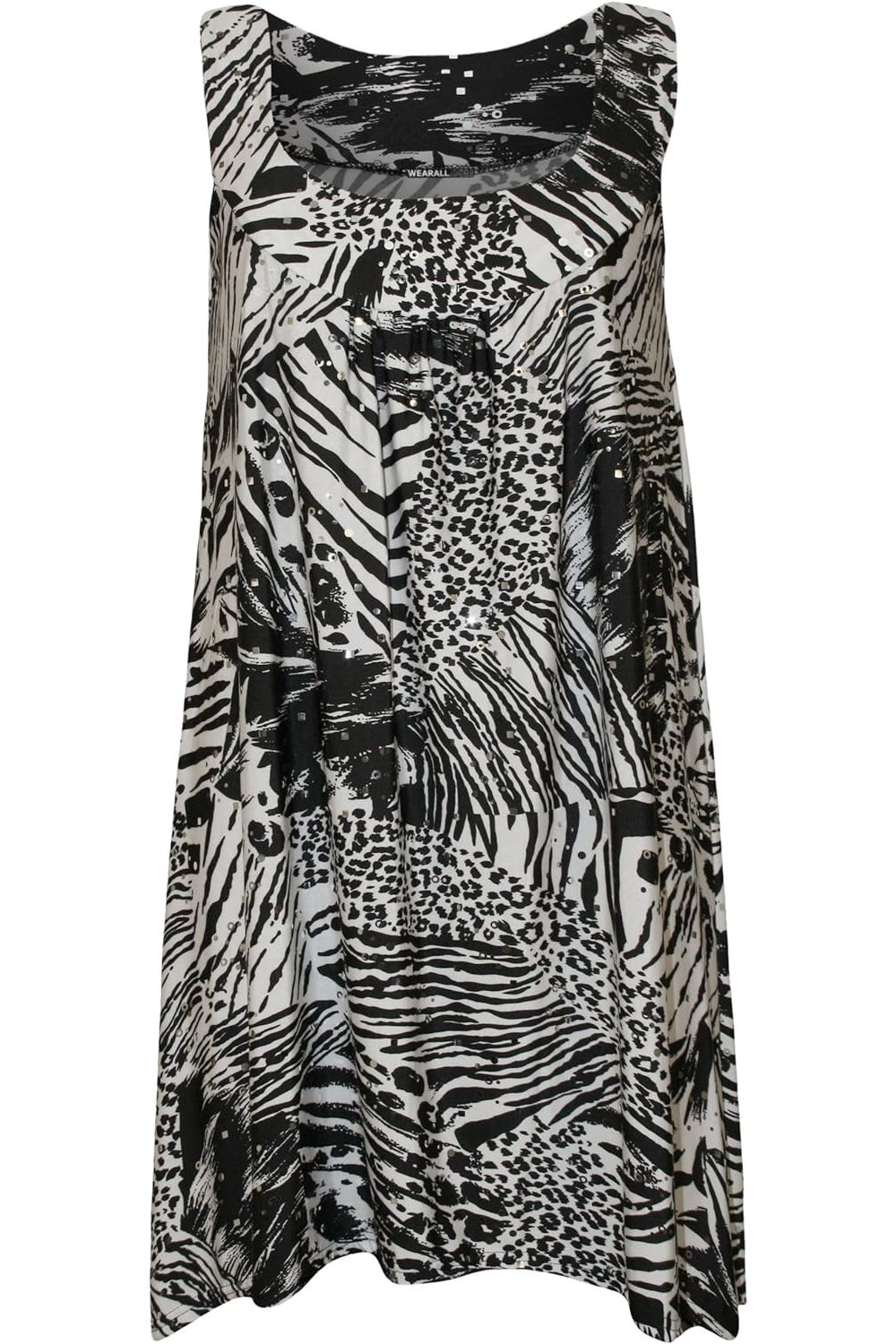 Sequin Print Long Swing Vest Top Tops WearAll Black White 14
