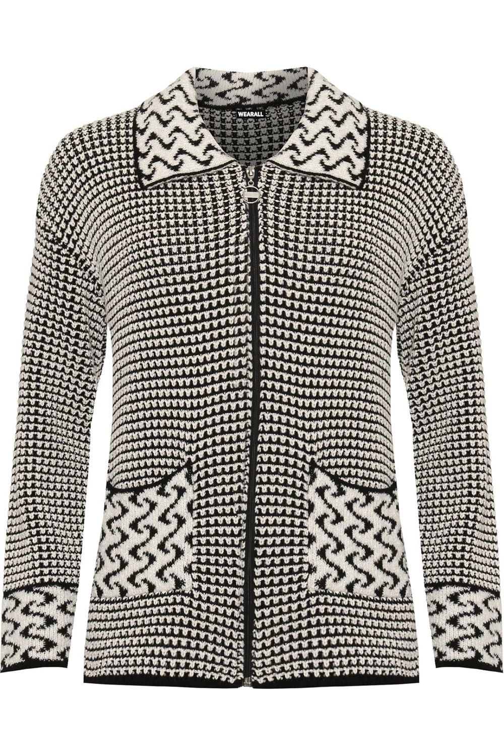 Knitted Cardigan Zip Pocket Leopard Collar Knitted Cardigan WearAll Black White 8-10