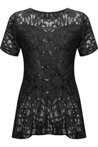 Lace Sequin Peplum Frill Top Tops WearAll Black 14