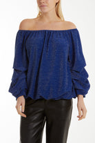 Glitter Lurex Bubble Hem Bardot Top Tops WearAll Royal Blue One Size