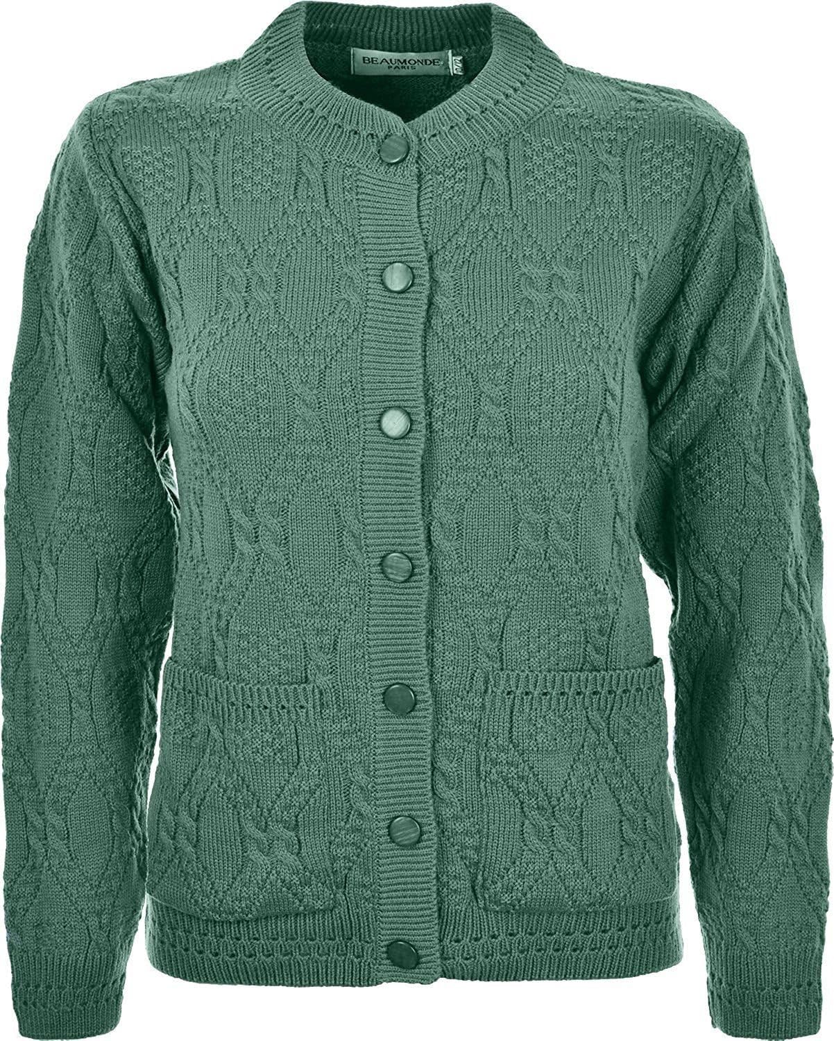 Knitted Crew Neck Pocket Front Button Cardigan Cardigans WearAll Green 10-12