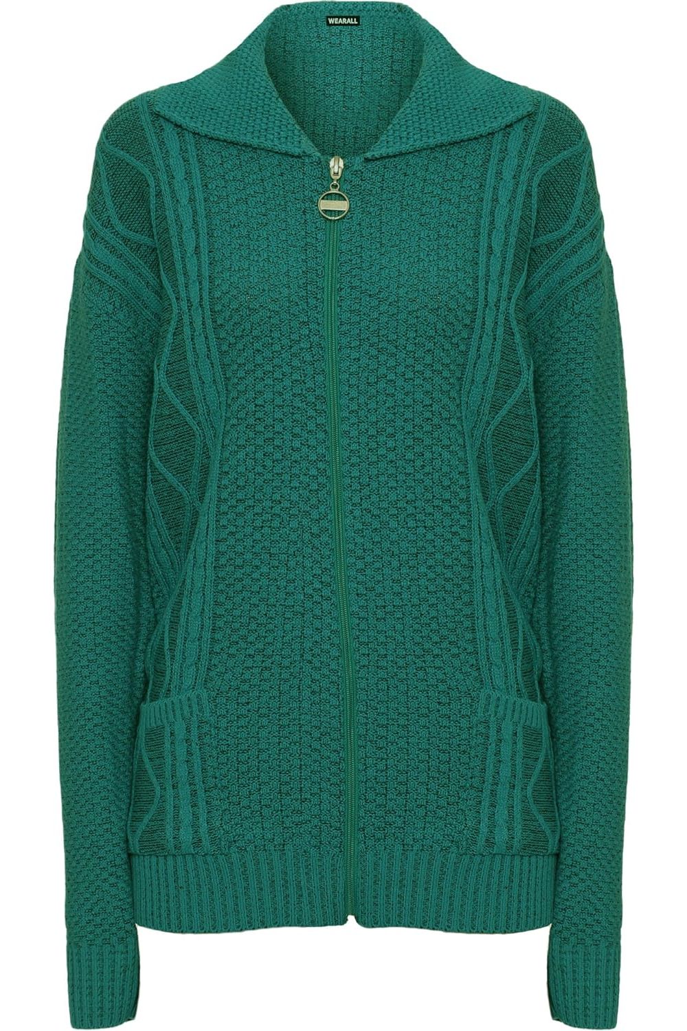 Plus Size Knit Collar Long Sleeve Zip Cardigan Knitted Cardigan WearAll Teal 16-18